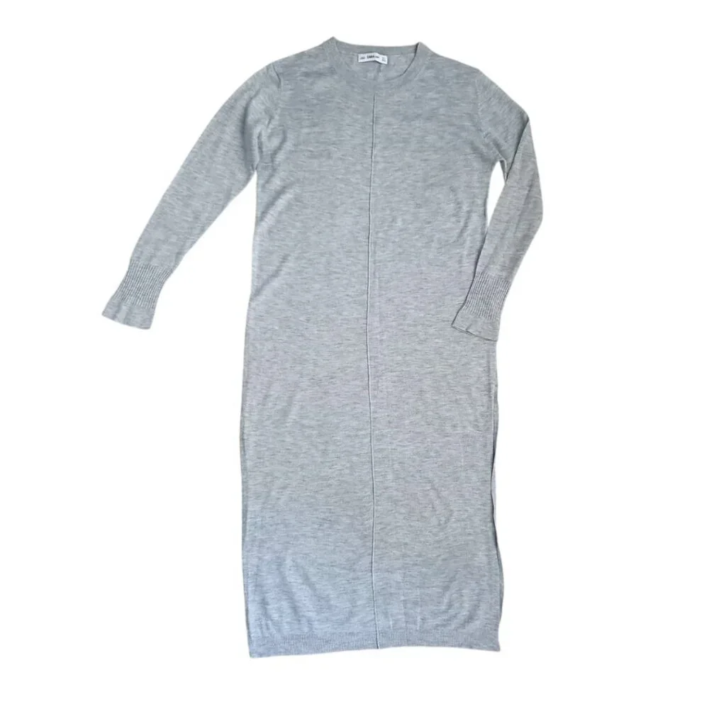Zara Knit Gray Long Sweater Dress – Long Sleeve Crewneck, Size S